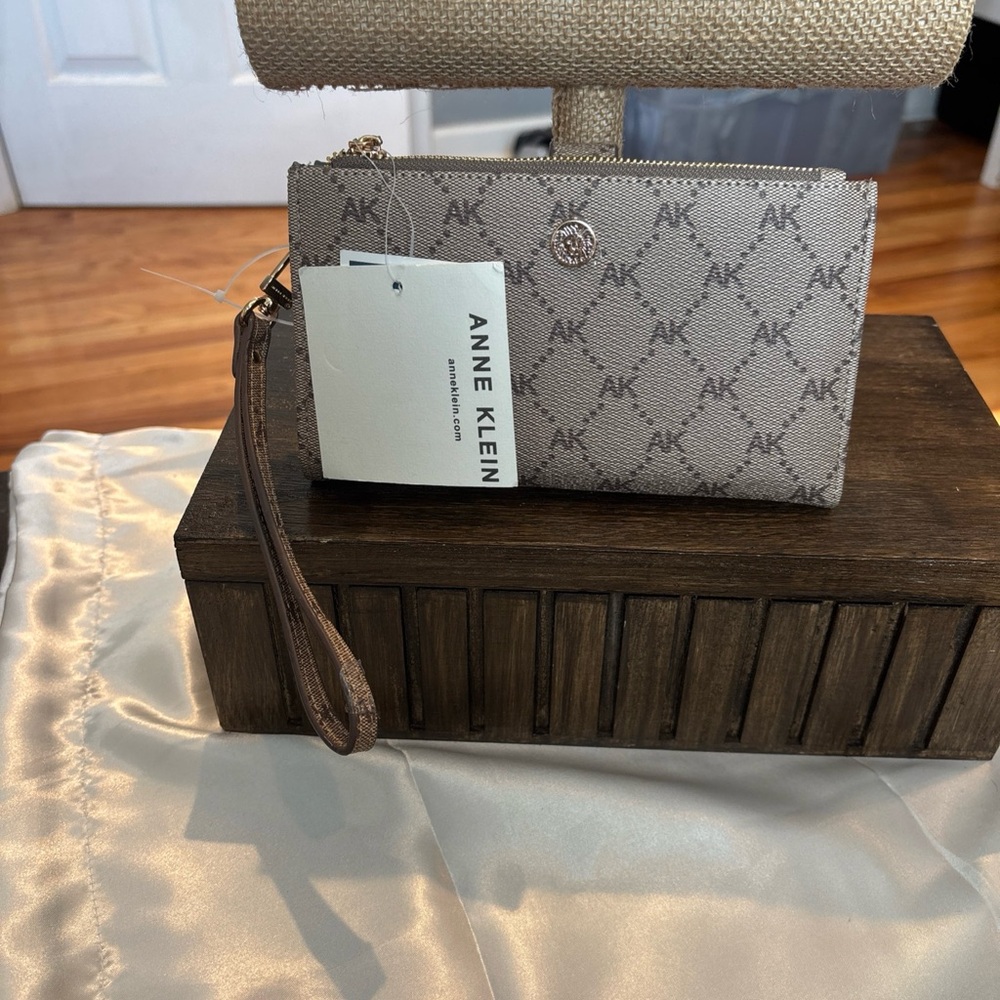 Anne Klein Taupe Wristlet with AK Pattern